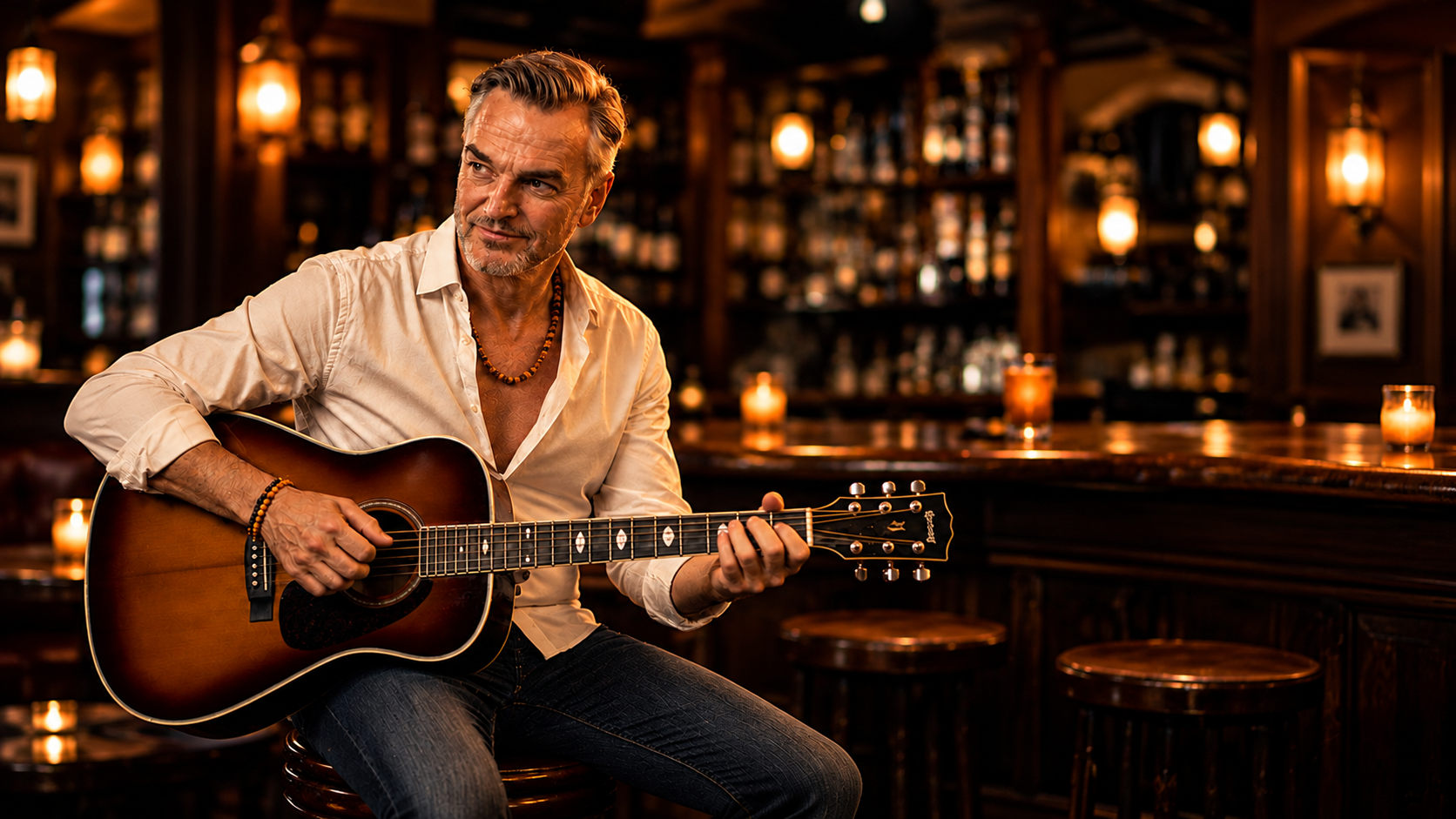 Gitarrist in einer warm beleuchteten Musikbar – Motiv aus Michael Jensens Präsentation